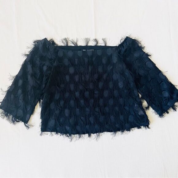 Zara Womens Top Fringe Polka Dot Fashion Semi Sheer Boat Off Shoulder Sleeve XS - Picture 1 of 5